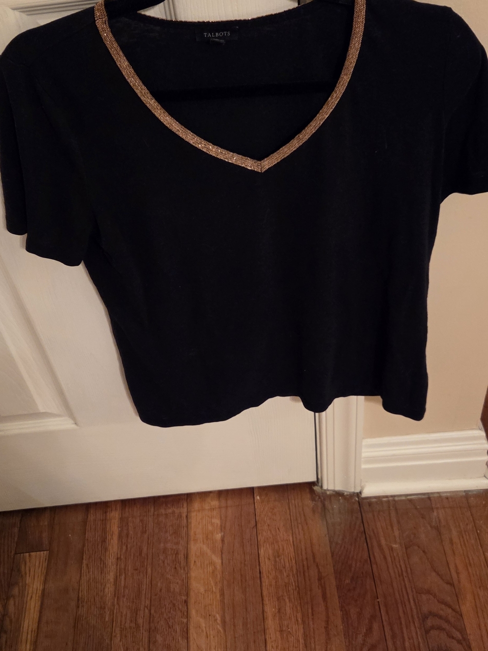 Talbots Black Short Sleeve V-Neck Tee with Gold Trim Detail